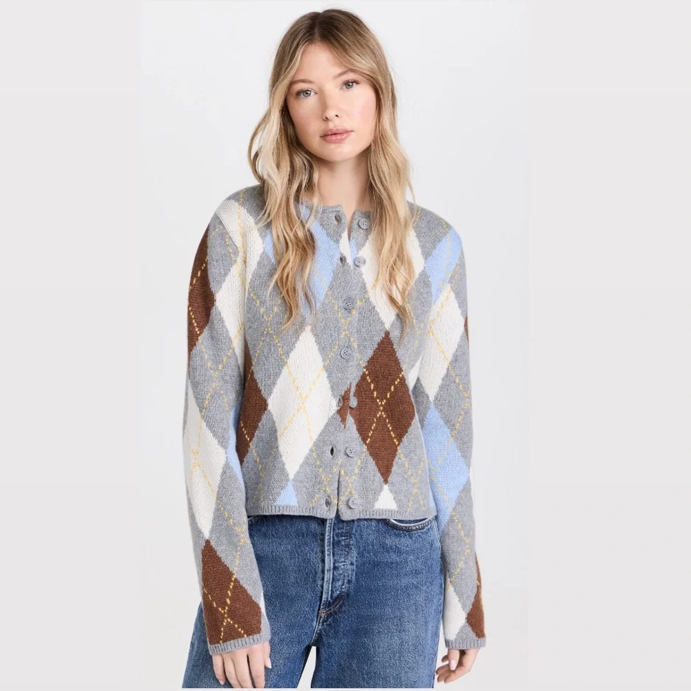 Marled Aggie Argyle Plaid Button-Up Boxy Fit Round Neck Cardigan Sweater